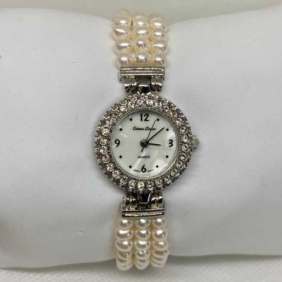 Ocean Dream Pearl Watch women silver tone rhinestones 23mm round 7” running main image 7